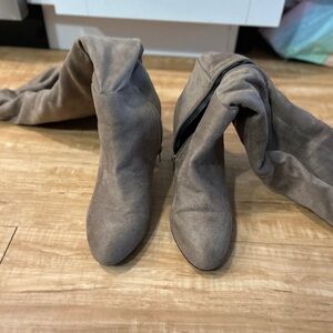 Faux suede thigh high boots with low heel